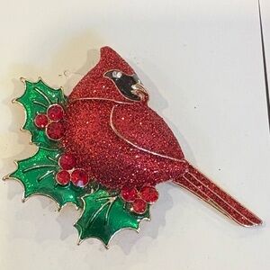 NEW Red Glitter Cardinal Bird & Holly Berry Christmas Brooch Pin - Unisex